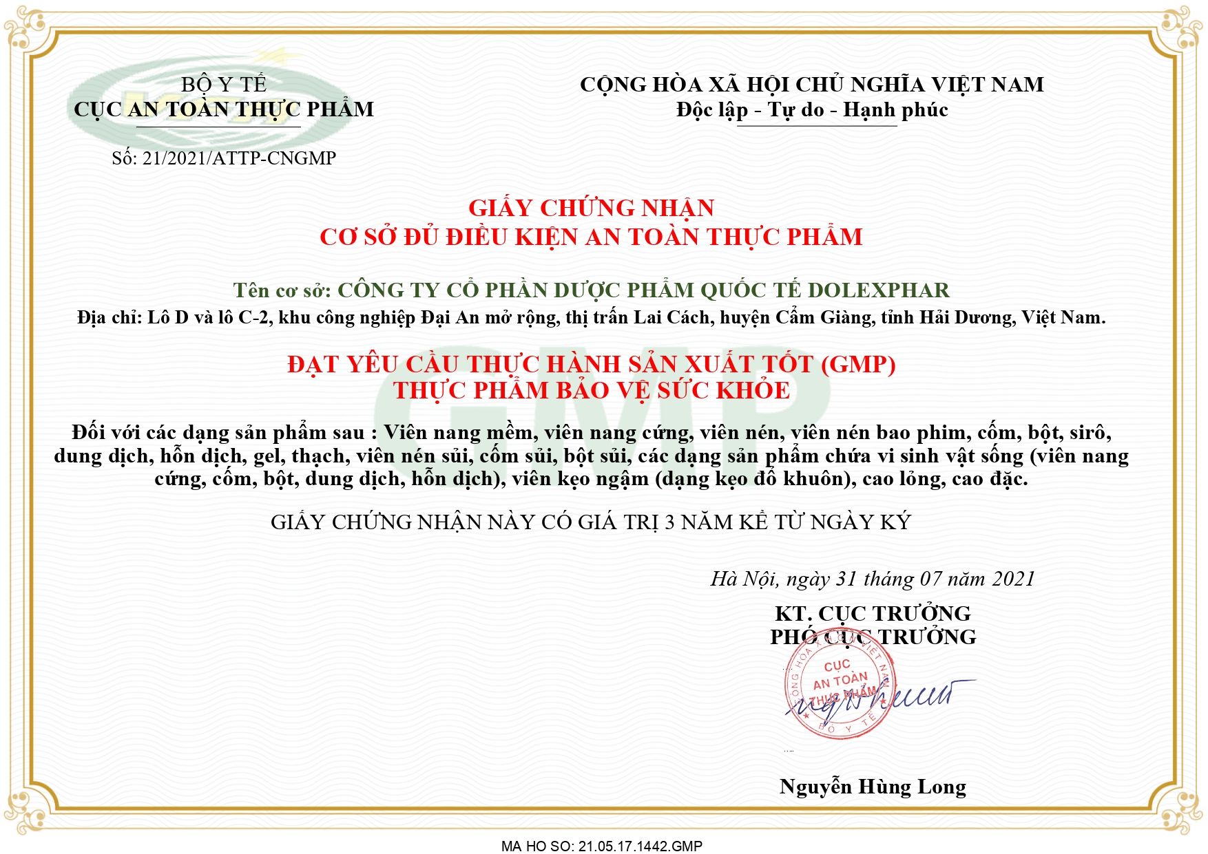 CHỨNG NHẬN GMP NHÀ MÁY